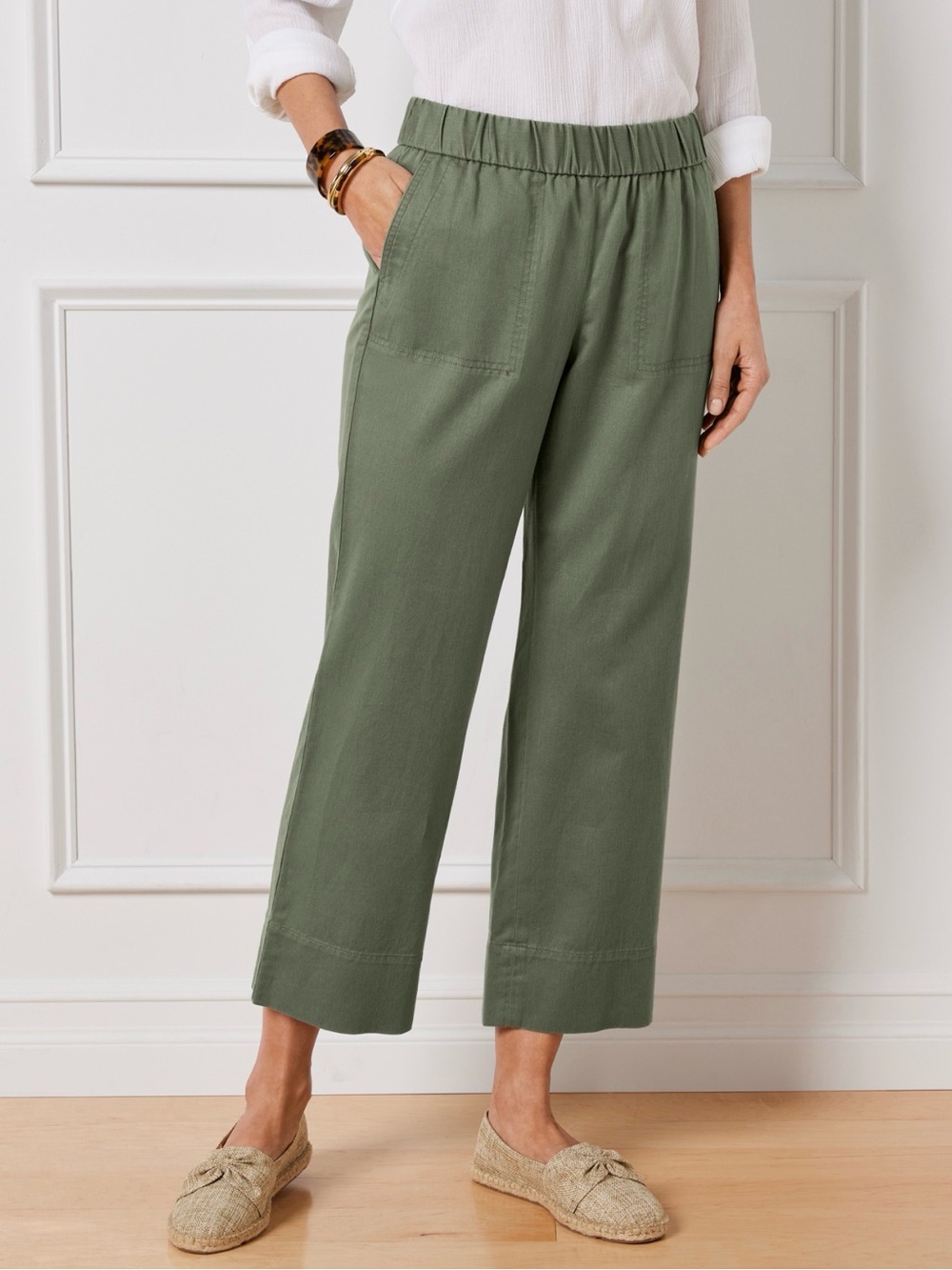 Talbots Pull-On Wide Crop Pants Olive Green Size Small